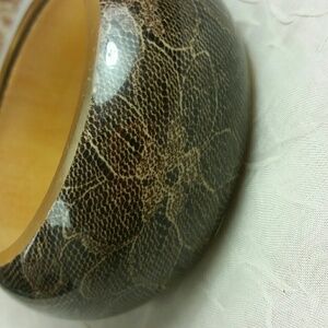 Wide Brown Lucite Bangle Bracelet Tan Floral Lace Overlay Retro Statement